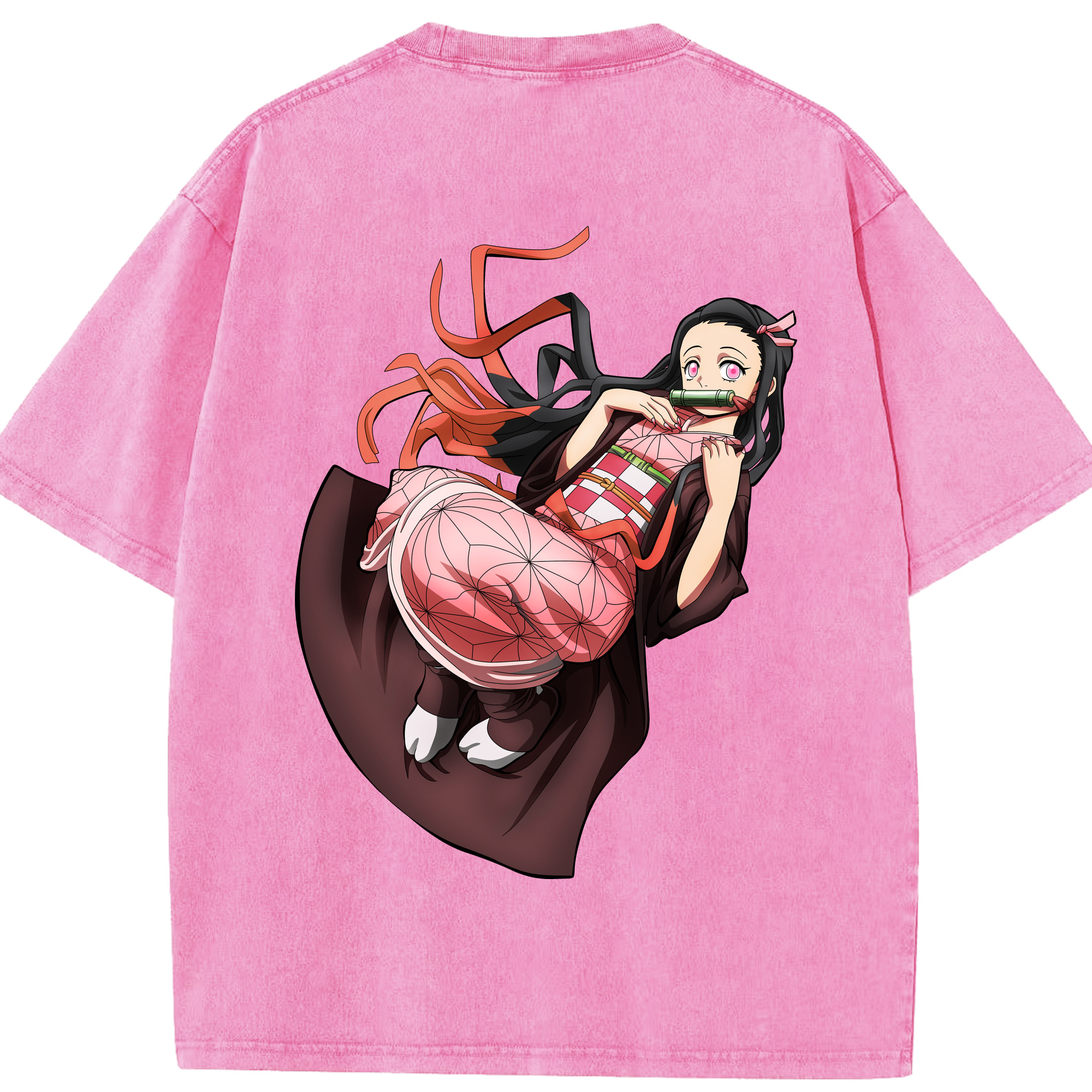 （画像用） 鬼滅の刃（きめつのやいば）竈門 禰󠄀豆子／かまど ねずこ Kamado Nezuko 綿100% ヴィンテージ風 半袖Tシャツ（背面プリント）